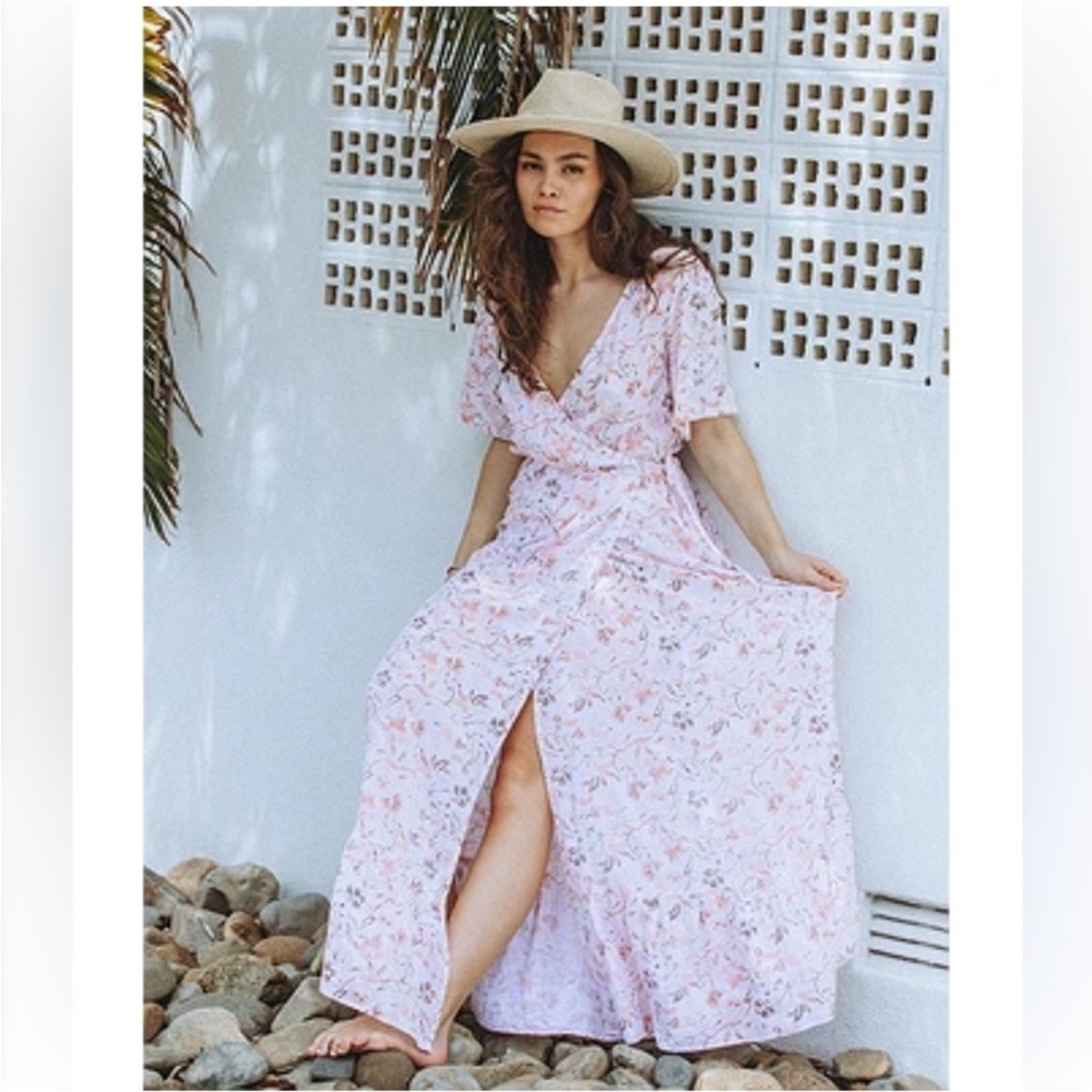 Roxy Sunset Kiss Boho Floral Wrap Maxi Dress Women’s XS Short Sleeve